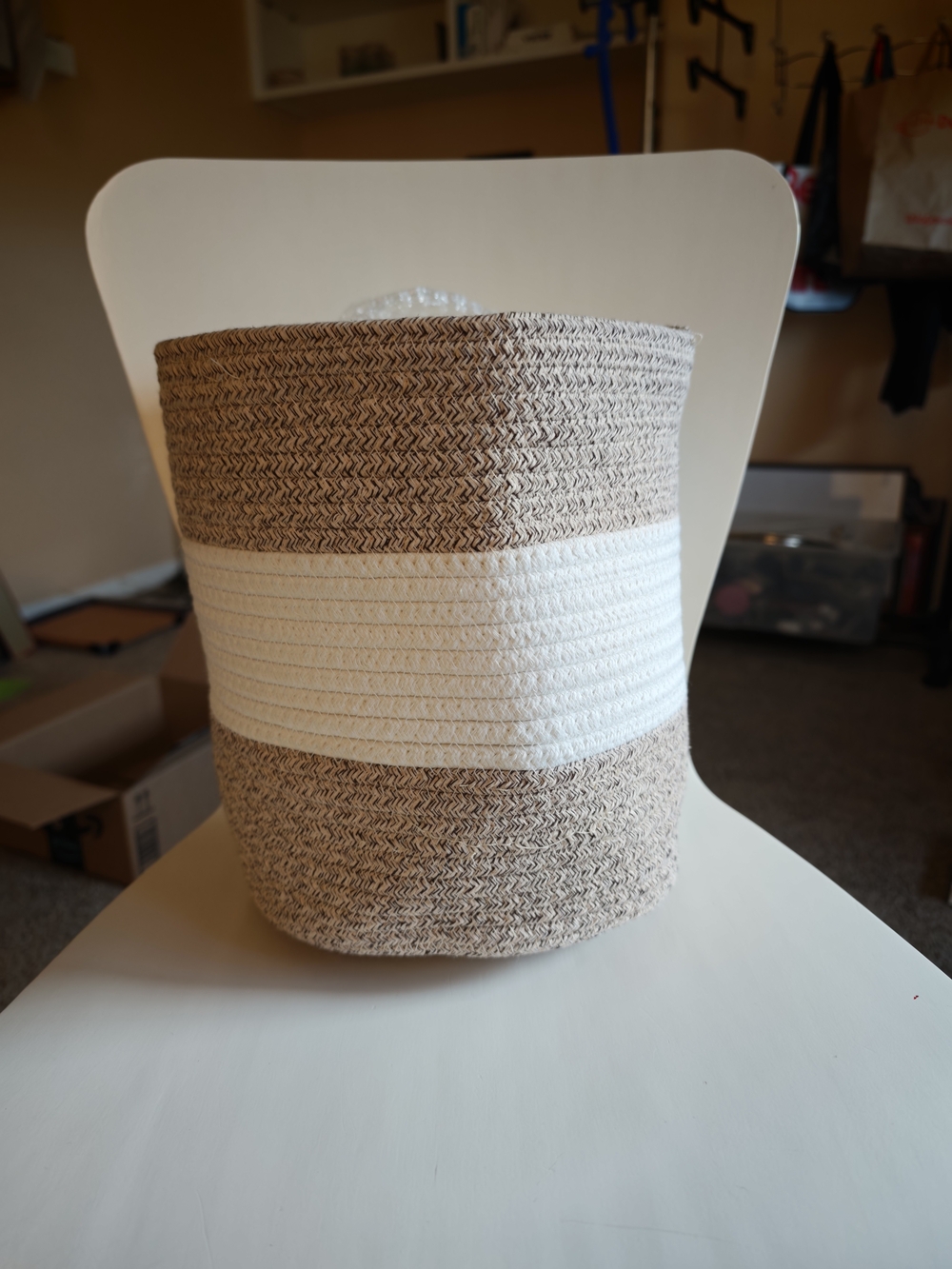 Neutral Woven Storage Basket with White Stripe